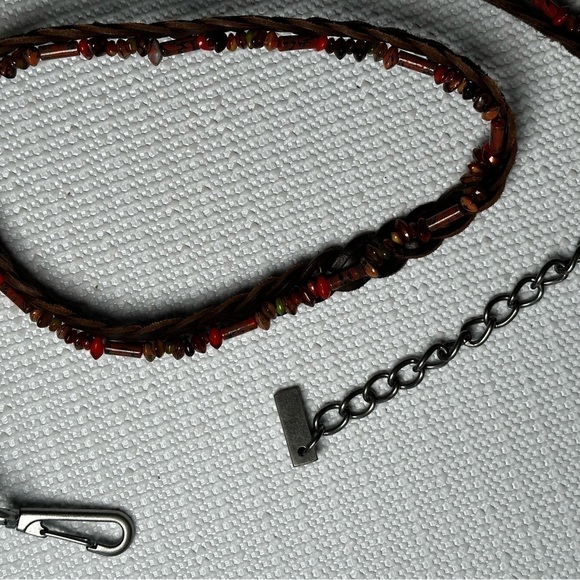 BELT Women Slim Leather Braided Beads & Chain 38-40 Adjustable Brown Hippie Boho - Picture 8 of 11